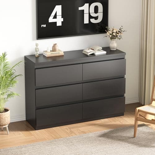 Jocoevol Black 6 Drawer Dresser for Bedroom, 15.3" D x 47.2" W x 32.3" H in Simply Modern Chest of Drawers, Wood Storage Double Dresser with Deep Drawers for Living Room, Hallway Entryway, Black 8