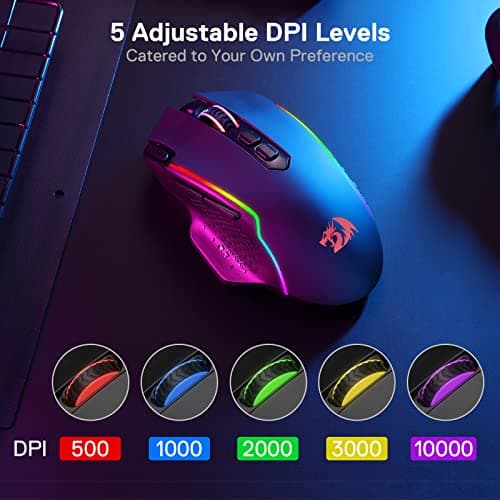 Redragon M810 Pro Wireless Gaming Mouse, 10000 DPI Wired/Wireless Gamer Mouse w/Rapid Fire Key, 8 Macro Buttons, 45-Hour Reliable Power Capacity and RGB Backlit for PC/Mac/Laptop 5
