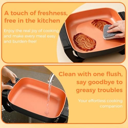 OSTBA Electric Skillet and Frying Pan with Glass Lid, 12"x12" Copper Nonstick Electric Pan for Cooking, 1500W Power, Cool Touch Handles, Adjustable Temperature, PTFE & PFOA Free 6