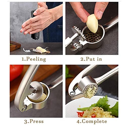 Garlic Press, Stainless Steel Garlic Press Tool with Cleaning Brush and Silicone Garlic Peeler 3 Pcs By Lechay 5