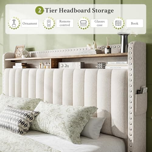 EnHomee Queen Size Bed Frame, Upholstered Queen Bed Frame with 2 Storage Drawers and 2-Tier Headboard, Vertical Tufted Headboard Design, Extra Storage Space for Bedroom Apartment, Beige 5