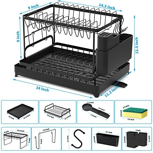 XLMYS Dish Drying Rack, 2 Tier Large Dish Drying Rack for Kitchen Counter with Drainboard Stainless Steel Dish Drainer for Dish/Knifes/Cup/Cutting Board, Black 6