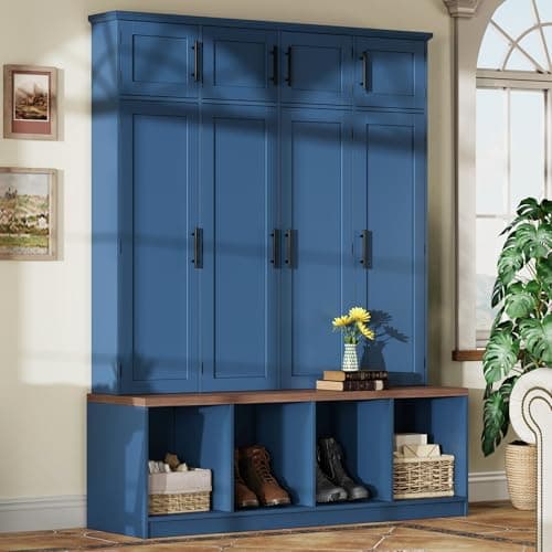 Hall Tree with Entryway Bench and Shoe Cabinet, Multi-Functional Seating Bench with 4 Hanging Hooks and 8 Doors, Blue