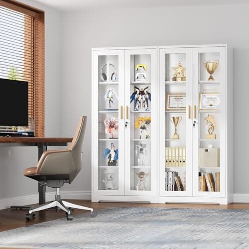 UNICOLY Lockable Display Cabinet with Glass Doors, Curio Cabinets with 4 Adjustable Shelves, Liquor Bookcase Bookshelf with Doors, Metal Storage Cabinet for Living Room Pantry, White 8