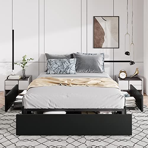 Allewie Queen Size Platform Bed Frame with 3 Storage Drawers, Faux Leather Upholstered, Wooden Slats Support, No Box Spring Needed, Easy Assembly, Black 6