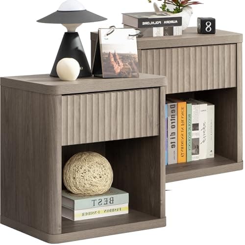 SICOTAS Night Stand Set of 2 Nightstands with Drawer Storage Fluted Bed Side Table End Table Large Modern Wide Bedside Stand Mid Century Night Stands for Bedroom Living Room Sofa Office, Grey Alder