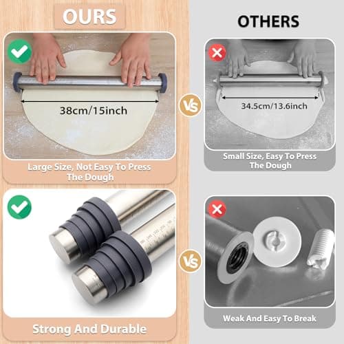 Adjustable Rolling Pin with Thickness Rings for Baking -Non Stick Stainless Steel Dough Roller Pin with Bands for Cookie,Wood,Wooden and Bread (Grey, 15.8 '') 6