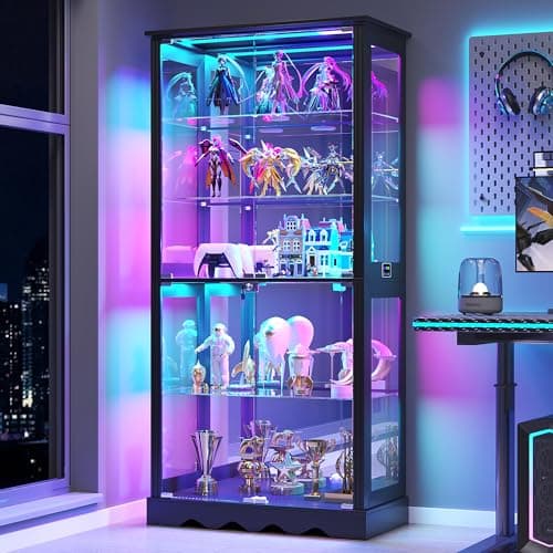 Dystler Display Cabinet with Glass Doors, 71'' Tall Curio Cabinet with RGB Lights for Collectibles, LED Display Case with Removable Shelf for Book/Medal/Figure, Black