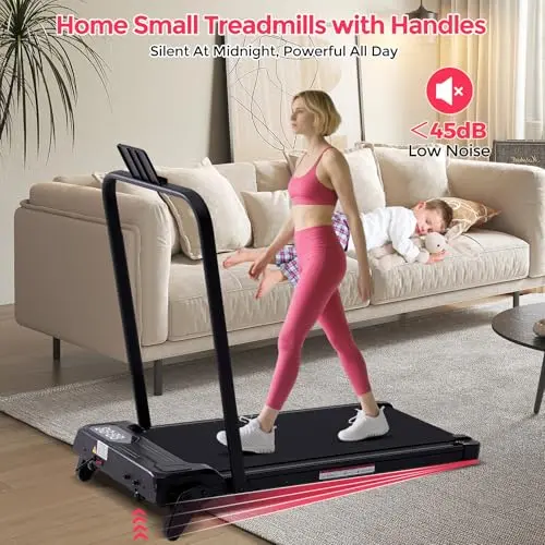 Portable Treadmill with Handles & Adjustable Incline, 3.5HP Compact Walking Pad Treadmill with Handle Bar, 0.6-7.6MPH Electric Small Under Desk Treadmills for Home Small Spaces, 350LBS Walking Pads 7