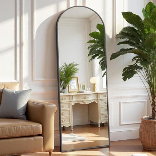 OLIXIS Arched Full Length Mirror 59"x16" for Bedroom, Full Body Mirror with Stand, Hanging or Leaning for Wall, Aluminum Alloy Thin Frame Floor Standing for Living Room, Tall, Black