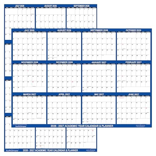 24x36 SwiftGlimpse 2026-2027 Academic Wall Calendar Dry Erase Erasable, Large, Wet & Dry Erase Laminated, Yearly School Planner, JULY 2026 to JUNE 2027 ONLY, NAVY