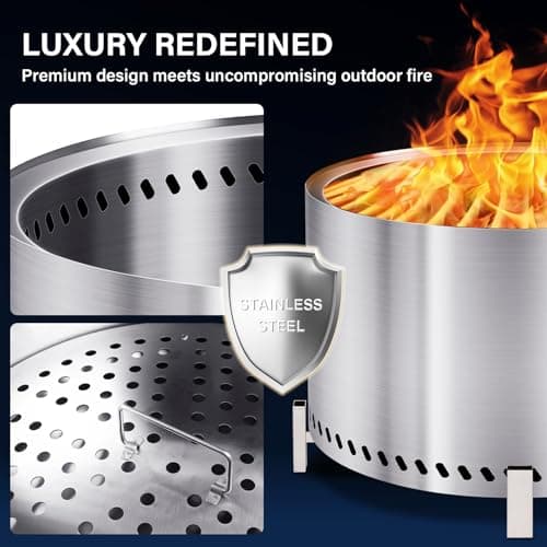 HGD 28" Smokeless Firepit with Stand & Grill Rack, Large Stainless Steel Wood Burning Fire Pit for Friends & Family Gatherings, Secondary Combustion Outdoor Patio Stove for Garden BBQ & Bonfire 8
