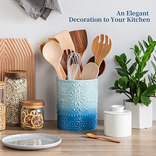 LOVECASA Extra Large Kitchen Utensil Holder, 7.2" Ceramic Farmhouse Utensil Holder For Kitchen Décor Countertop With Heavy And Sturdy Base, Utensil Crock Organizer, Blue 7