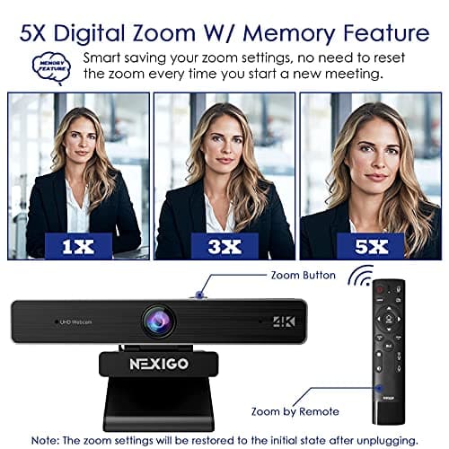 NexiGo Zoom Certified, N950P 4K Zoomable Webcam with Remote Control, Sony_Starvis Sensor, 5X Digital Zoom, Pro Web Camera with Dual Stereo Mics, for Zoom Skype Teams Twitch 6