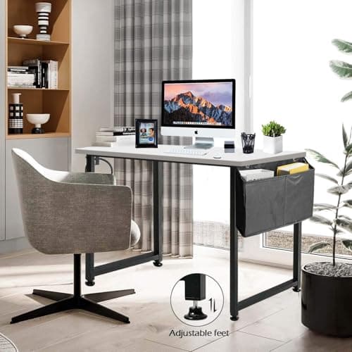 Lufeiya Computer Desk White Writing Table for Small Spaces Home Office 39 Inch Modern Study PC Desk with Storage Bag Hook, White Black 6