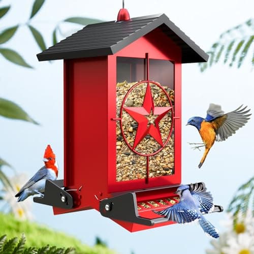Squirrel Proof Bird Feeders for Outdoors Hanging, Metal Wild Bird Feeders with Bilateral Weight Activated Perches, 5LB Large Weatherproof Durable Backyard Feeders for Cardinals, Blue Jay,Finch -Red