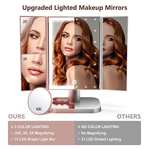 NIKKOMON Makeup Mirror with Lights, 3 Color Lighting, Lighted Makeup Mirror, 10x 3X 2X Magnification, Vanity Mirror with 72LEDs, Touch Control, Dual Power Supply, Female Gift(Rose Gold) 5