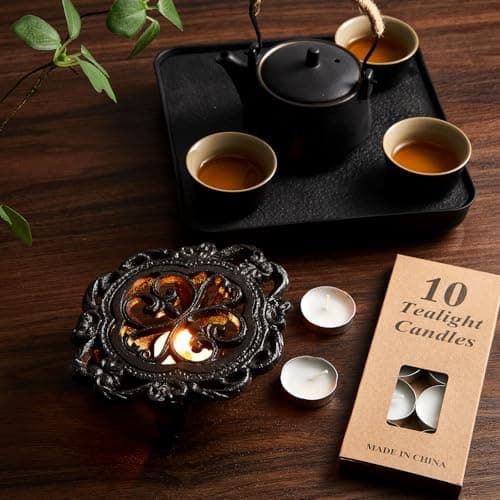 Menkxi Cast Iron Teapot Warmer Dish Cups Heater Pot Trivet with 30 Pieces Candles Heavy Duty Decorative Candle Holder Stands for Teapot Heat Food Coffee or Tea 6