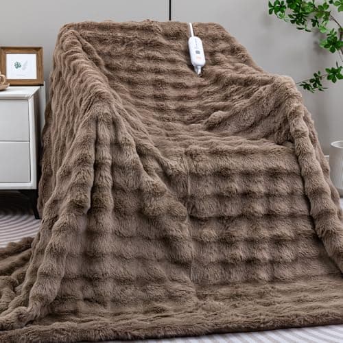 TiMiCalda Heated Blanket Electric Throw- 50"x60" Soft Thick Bubble Electric Blanket for Sofa with 5 Heat Levels & 4 Hours Auto-Off Overheat Protection, Warm Cozy Gifts, Beige