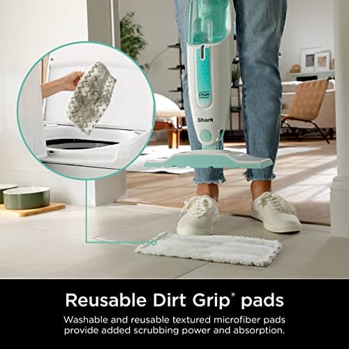 Shark Steam Mop with 2 Machine Washable Dirt Grip Pads, Removable Water Tank, Lightweight, Steam Cleaner for sealed Hard Floors, Marble, Stone, Hardwood, Tile, Laminate, White/Seafoam, S1000 6