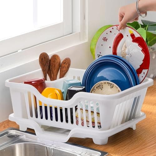 Noamus 2-Piece Plastic Dish Drying Rack, Heavy Duty Sink Set Dish Rack, White Large Drainer with Attached Drainboard Utensil Cup Holders for Home Kitchen Counter Top Organizers 6