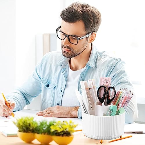 Cayxenful Pencil Holder For Desk,5 Slots 360°Degree Rotating Desk Organizers And Accessories,Desktop Storage Stationery Supplies Organizer, Cute Pencil Cup Pot For Office, School, Home (B-White) 7