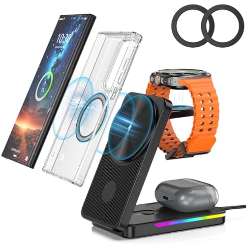 Wireless Charger for Samsung, Magnetic Wireless Charging Station for Samsung Galaxy S25 Ultra/S24/S22/Buds, 3 in 1 Foldable MagSafe Charger for Galaxy Watch Ultra/7/6, for Travel [Mag Ring Included]