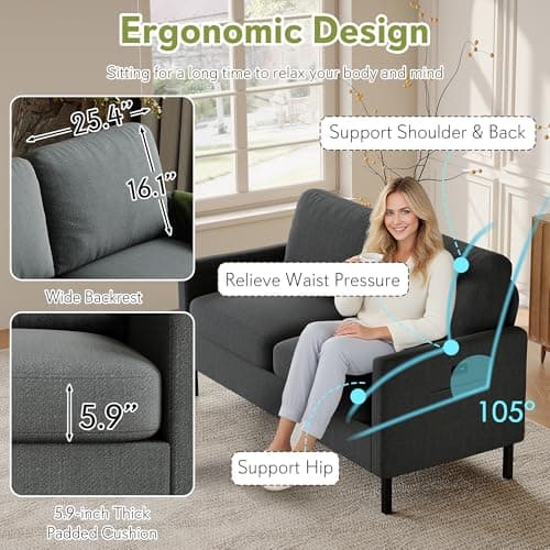 STHOUYN 56" W Fabric Loveseat Sofa with 2 USB, Small Couches for Living Room, Bedroom, Office, Easy Assembly & Comfy Cushion, Dark Grey 5