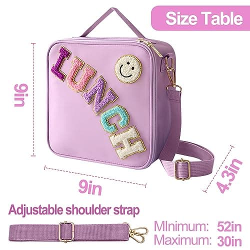Insulated Lunch Bag With Adjustable Shoulder Strap, Nylon Preppy Lunch Box Large Insulated Lunch Bag Reusable Lunch Tote Bag with Smiley Preppy LunchBag for Girls School Travel Picnic (Purple) 6