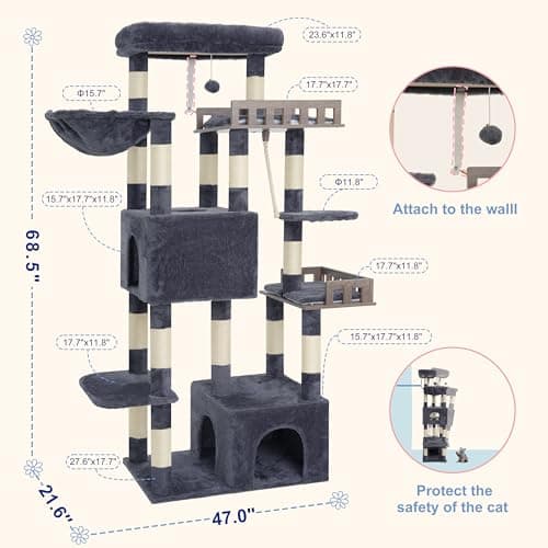 Gitelsnour Maine Coon Cat Tree, Heavy Duty Cat Tree for Indoor Cats Large Adult, Cat Tower for Large Cats 20 lbs+ with Hammock, 2 Big Perches, 2 Cat Condos, 15 Scratching Posts, Smoky Gray GCT033G 8