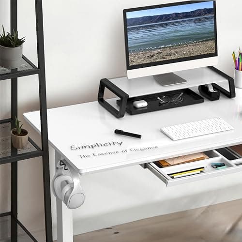 SHW 48x24 Glass Electric Height Adjustable Standing Desk – Motorized Sit Stand Desk with Monitor Riser, Pull-Out Drawer, Memory Presets, White 5