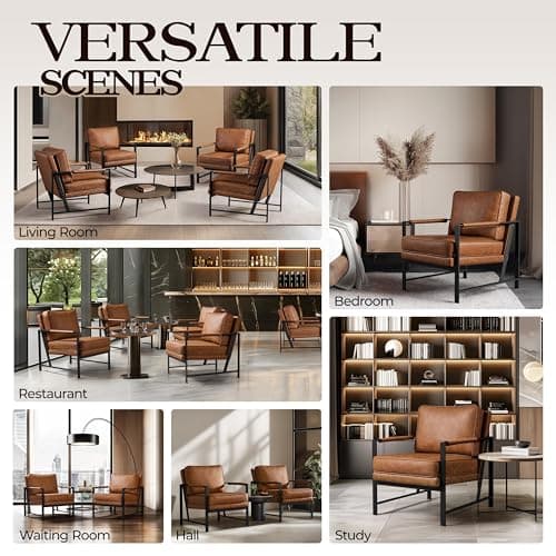 Yaheetech PU Leather Armchairs, Retro Leisure Accent Chair with Extra Soft Padded and Cushion, 105 Degree Slant Back, Modern Reading Arm Chair for Living Room/Office/Bedroom/Study, 2pcs, Light Brown 9
