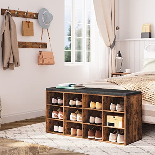 HOOBRO Shoe Storage Bench with Cushion, 39.4" L Entryway Bench with 12 Cubbies, Entryway Hall Tree with Storage, Shoe Cabinet with Coat Rack for Bedroom, Hallway, Holds up to 330 lb, BF112HX01G1 5