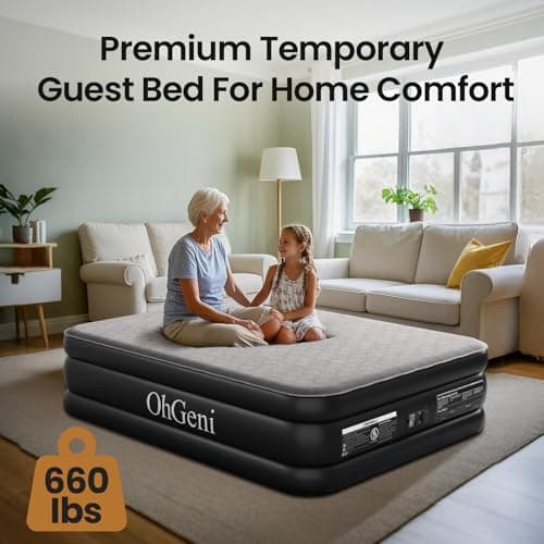 OhGeni 18" Luxury Air Mattress Queen with Built-in Pump, Silk Foam Topper Inflatable Bed for Superior Comfort, Premium Blow-Up Mattress for Home & Guest, Easy Setup, Extra Support, Black 8
