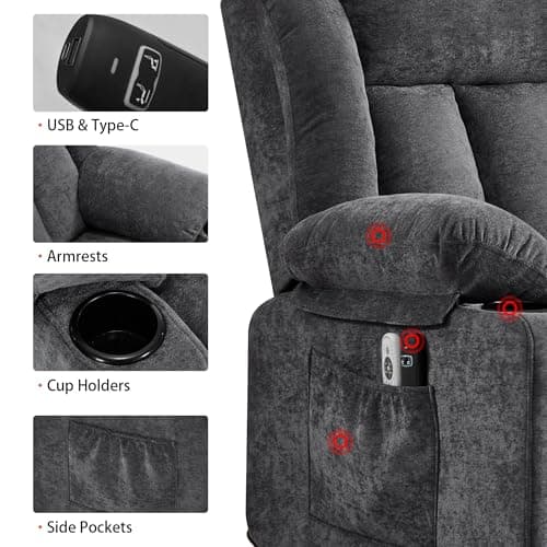 Sfxingyou Power Lift Recliner Chair for Elderly with Massage and Heat, Recliner Chairs for Adults, Upgraded Fabric Reclining Sofa Chair with USB & Type-C Ports and Cup Holders, L1288(Grey) 6