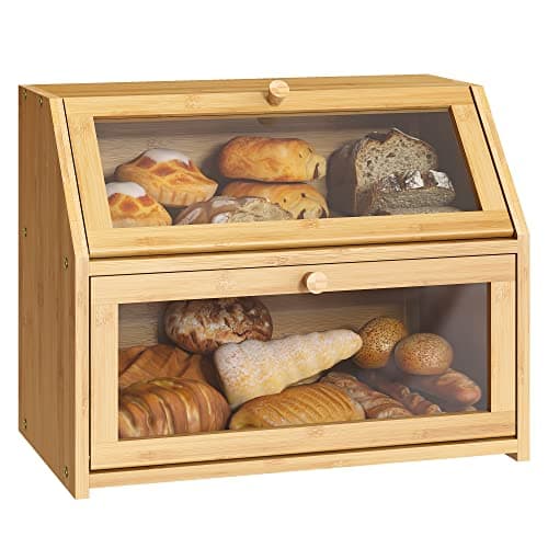 BMOSU Farmhouse Bread Box for Kitchen Countertop Bread box Double Layer Bamboo Wooden Extra Large Capacity Bin Kitchen Food Storage Container(Natural)