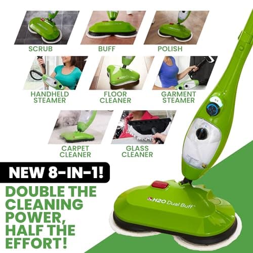 H2O X5 Dual Buff Steam Mop, 8 in 1 Handheld Steam Cleaner For Kitchen Tile Floors, Hardwood Floors, Grout Cleaner, Upholstery Cleaner and Carpets, 2 washable scrub pads, 11 cleaning accessories 7