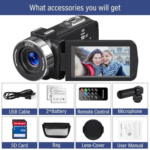 DINGETU 4K Video Camera Camcorder Ultra 44MP Vlogging Camera for YouTube 18X Digital Zoom Camcorder 3.0" IPS Screen IR Night Vision with External Mic, Controller, 2 Batteries and 32G SD Card 7