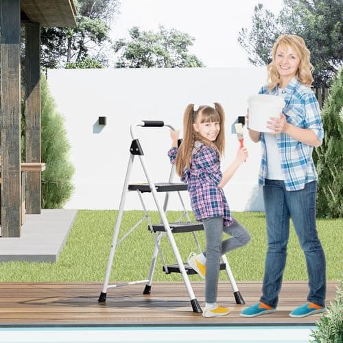 KINGRACK 3 Step Folding Ladder, 800lbs Capacity Step Stool with Safety Lock, Non-Skid Wide Pedals, and Handrail, Lightweight, Household Ladder for Home, Kitchen, Pantry, Closets, and Office Use, White 7