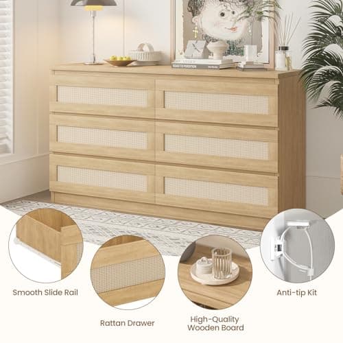 GarveeHome Rattan Dresser for Bedroom, 6 Drawer Dresser for Closet, Wide Wood Dressers & Chests of Drawers, Nightstands, TV Stands for Living Room, Entryway, Cloakroom, Hallway, Natural Oak 3