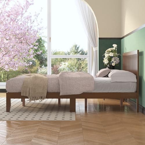Natulliy Queen Bed Frames,Wood Platforms Bed with Headboard,Wooden Slats Support,No Box Spring Needed,Easy Assembly,Queen,Pine 9