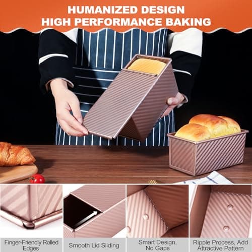 Pavsrmy 2 Pack Pullman Loaf Pan with Lid, 1 lb/0.5 lb Dough Capacity, Premium Non-Stick Sandwich Bread Loaf Pan with Lid, Carbon Steel Corrugated Bread Toast Box Mold with Cover for Baking 6