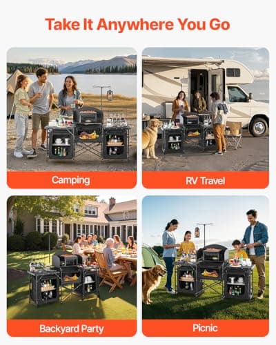 VEVOR Camping Kitchen Table, Outdoor Camp Cooking Table, Aluminum Portable Cook Station with 3 Storage Cupboard, Carrying Bag, Detachable Windscreen, Quick Set-up for BBQ Party Picnic RV Travel, Black 8