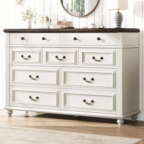 Jocoevol 9 Drawer Dresser for Bedroom, 54" Wide Bedroom Dressers with Drawers, Dresser Farmhouse with Natural Texture, Vintage Design Wide Dressers for Living Room, Entryway, White