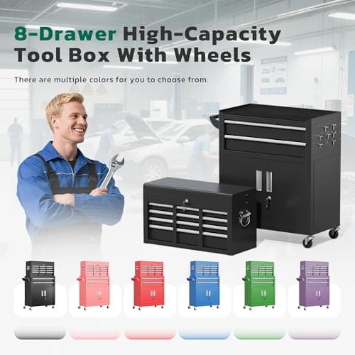 Greenvelly Metal Tool Chest,8-Drawer Rolling Tool Cart with Wheels,2 in 1 Detachable Tool Cabinets,Tool Box,Liners and Locking System for Garage,Warehouse,Workshop, Barbershop(Black) 9