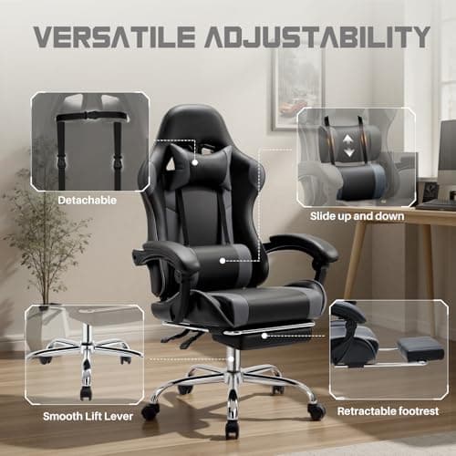 DUMOS Ergonomic Gaming Office Desk Chair with Footrest and Headrest for Adults, PU Leather Video Computer Chair with Linkage Armrests, Height Adjustable 360° Swivel Recling Chair, Black Grey 5