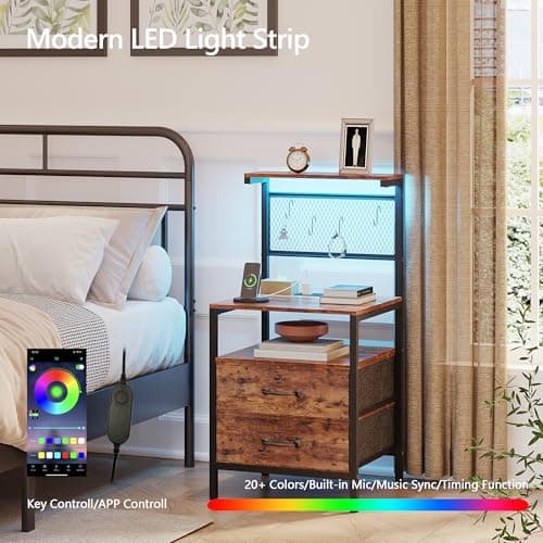 TRIFEBLE Tall Nightstand Set of 2 with Charging Station and LED Lights, Night Stand with Fabric Drawers, Bedside Table 36.4 Inch with Storage Shelves, Side Table, Mesh Shelves with Hooks, Rustic Brown 4