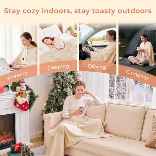JOLLYVOGUE USB Heated Blanket Throw, Wearable & Portable Heating Electric Blanket for Adults, 3 Levels & 8 Heating Zone Shawl for Indoor & Outdoor, Beige (Battery Not Included) 6
