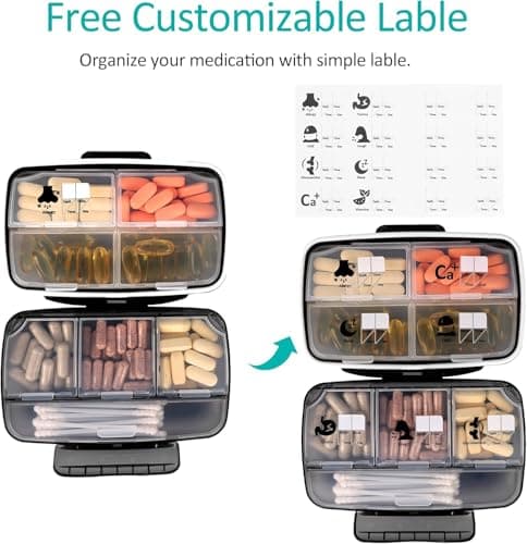 Travel Pill Organizer Large Portable Medication Fullicon Oversize 8 Compartment Pill Box, Vitamin Travel Case Pill Holder - Airtight & Moistureproof (Black) 5