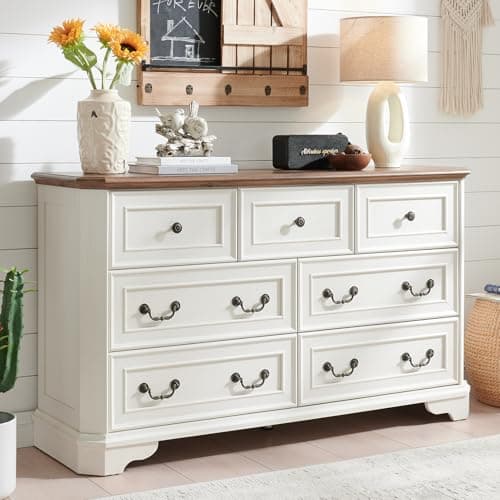 systemktesm Farmhouse 7 Drawers Dresser for Bedroom, 54" Wide Modern Chest of Drawers with Metal Handle, Farmhouse Dresser TV Stand, Wood Drawer Organizer for Bedroom, Living Room, Hallway (White)
